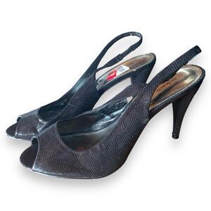 NWT Black Faux Glossy Snakeskin Peep Toe Slingback 4” High Heels Style &…
